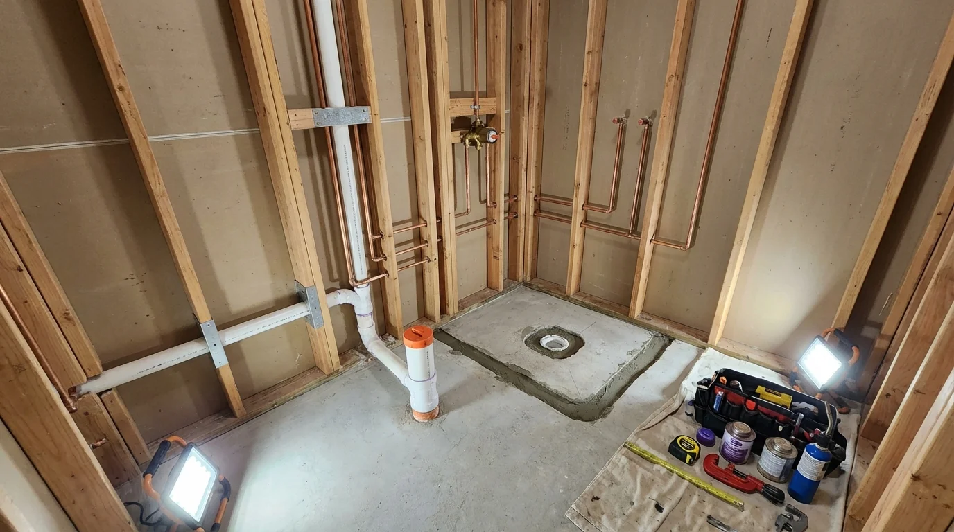 Bathroom rough-in plumbing during remodel by Johns Plumbing LLC in Stevenson Ranch