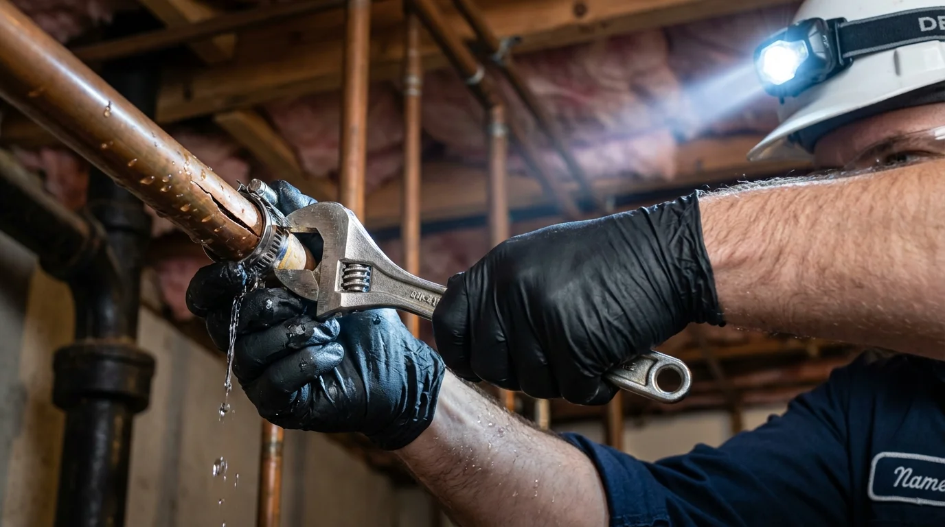 Emergency pipe clamp repair being performed by a Johns Plumbing LLC plumber in Stevenson Ranch