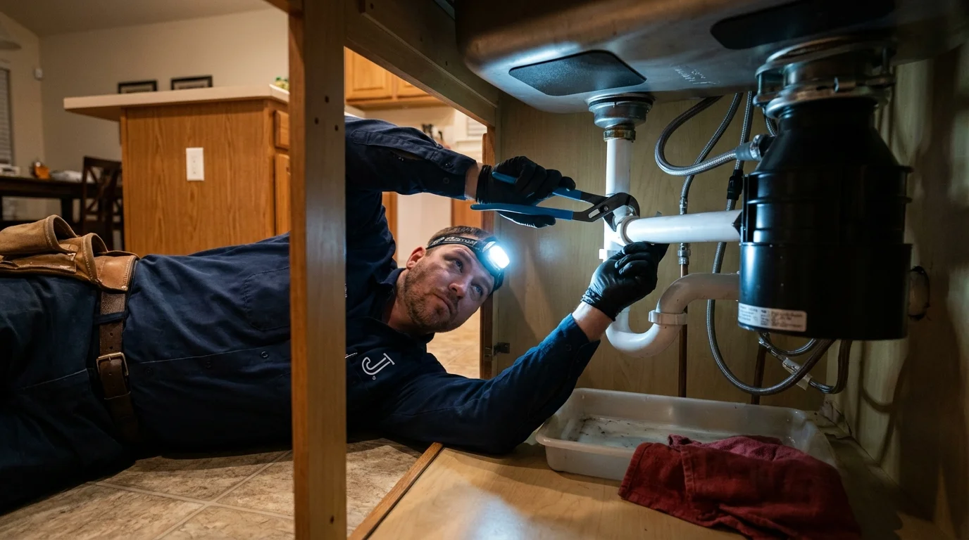 P-trap and supply line connections under a kitchen sink showing a common leak point in Stevenson Ranch, CA